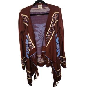 Pink Owl Aztec Open Front Fringe Waterfall Cardigan Boho Women's Size Large